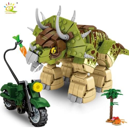 HUIQIBAO 735pcs World Jurassiced Dinosaur Triceratops Park Building Blocks Motorbike Dragon Figures Bricks Toys For Children