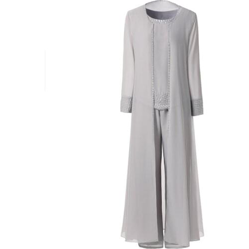 Fashion 3 Pieces Beading Mother Of the Bride Dress Pant Set Suit With Ankle Length Jacket Outfit For Wedding Muslim Dress