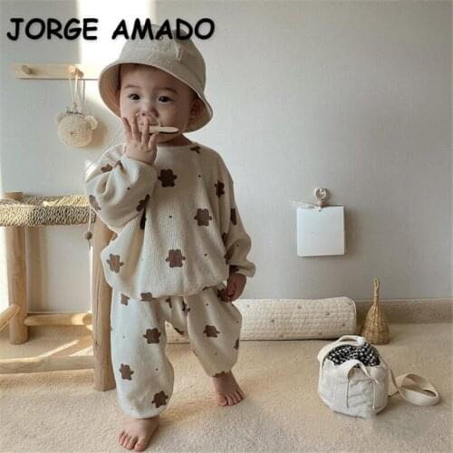 2021 Korean Style New Autumn Kids Boys Girls 2-pcs Sets Cartoon Bear Waffle Long Sleeves Top+ Pants Casual Hoodies Outwear E4045