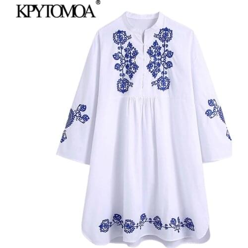 KPYTOMOA Women 2021 Fashion Totem Embroidery Asymmetric White Mini Dress Vintage Three Quarter Sleeve Female Dresses Mujer