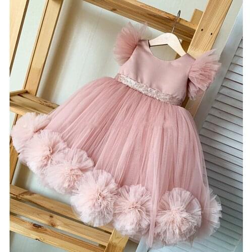 Lovely Pink Baby Girls Gowns With Sequins Tulle Flower Girl Dresses Baby Infant First Birthday Party Gown 12M 18M 24M