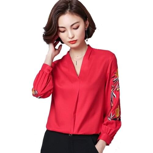 Fashion Women Blouses 2021 Autumn Ladies Embroidered V-neck Long Sleeve Top Chiffon Blouse