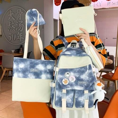 Fashion Womens Backpack 4-piece Set Kwaii Pendant Canvas School Bag For Girls Trend Large Capacity Backpacks With Many Pockets