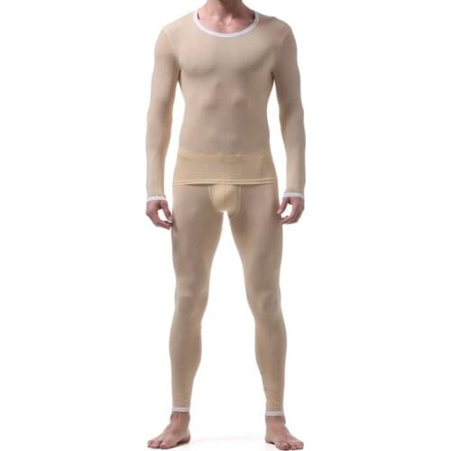 Men Undershirts Pajamas Sets Long Sleeve Shapers Top + Penis Pouch Trousers Ultra-thin Ice Silk Sexy Underwear Transparent Suits