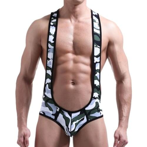 Mens Sexy Bodysuit Sexy Man Jumpsuit Wresting Shapper Camouflage Snakeskin Nylon Tight Body Mens Thong G string Erotic Underwear