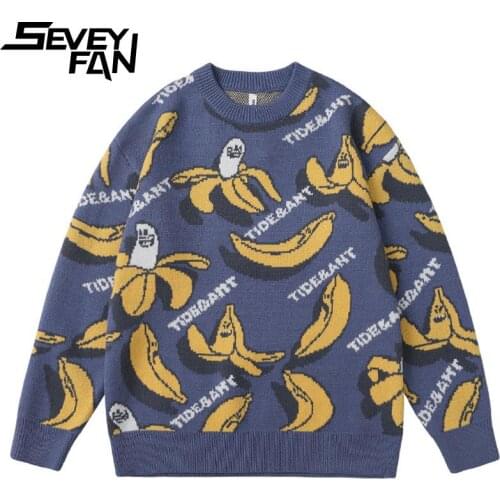 SEVEYFAN Mens Funny Cartoon Banana Sweater Harajuku Loose Cotton Knitwear Casual Pullover Sweaters for Couples