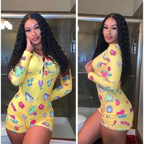 New Sexy Women Sleepwear Jumpsuit Button O-neck Bodycon Short Romper Bodysuit Leotard Long Sleeve Print Button Bodysuit Hot Sale
