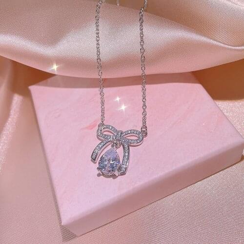New Exquisite High Quality Temperament Bowknot Water Drop Crystal Pendants Necklaces for Wedding Party Jewelry