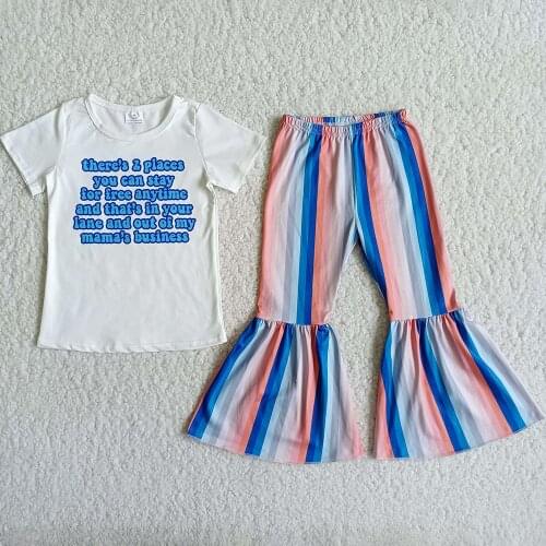 Wholesale Kids Clothing Sets Toddler Baby Girls Clothing Milk Silk Stripe Summer Girls Short Sleeve Bell Bottom Outfits Boutique