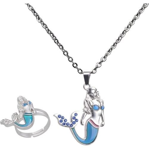 Mermaid Color Change Necklace & Mood Finger Ring Adjustable Jewelry Set