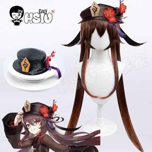 Hu Tao cosplay wig Genshin Impact cosplay 「HSIU 」double ponytail long hair Fiber synthetic wig Imitation leather hat