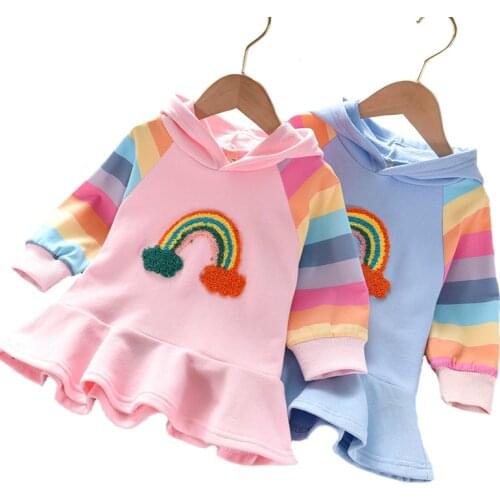 Spring Cartoon Rainbow Girls Dress 3 Color Cute Toddler Casual Hooded Long Sleeve Childrens Clothing Kids Birthday Present