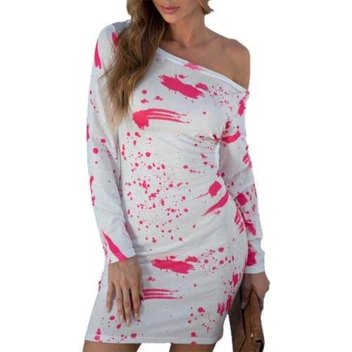 Dress Women Elegant Mini Dress Splash Ink Print Off Shoulder Spring Autumn Long Sleeve Slash Neck Waist Tied Bodycon Dress