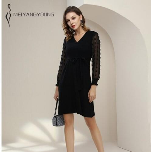 MEIYANGYOUNG V Neck Knitted Pleated Dress Women 2021 Autumn Long Sleeve Elegant Dresses Ladies Birthday Dress For Woman Causal