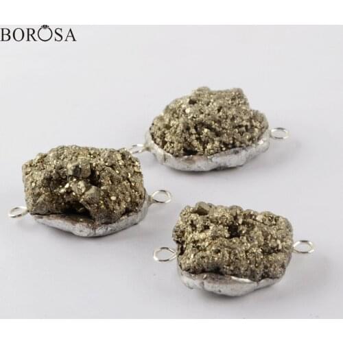 BOROSA Silver Plated Freeform Natural Pyrite Connectors Charms Pendant for Necklace Jewelry Beads for Jewelry Making S1938