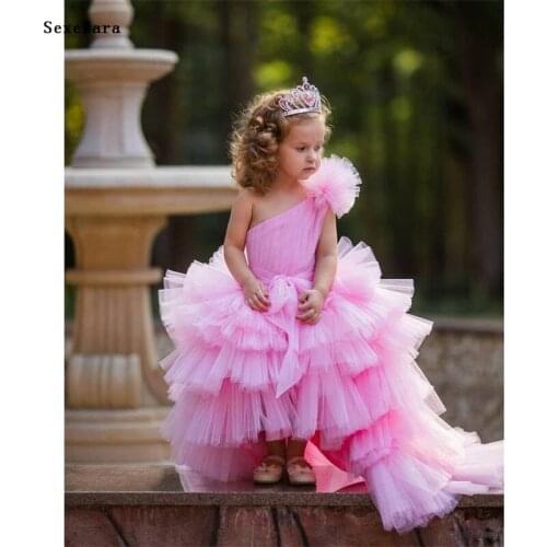 New Pink Puffy Tulle High Low Flower Girl Dress One Shoulder Princess Birthday Party Dress Kids Photography