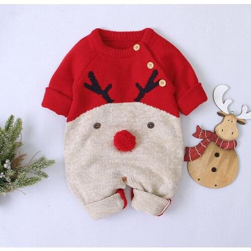 Christmas Baby Rompers Long Sleeve Newborn Boys Girls Knit Jumpsuits Cartoon Reindeer Infant Overalls New Year Toddler Clothes