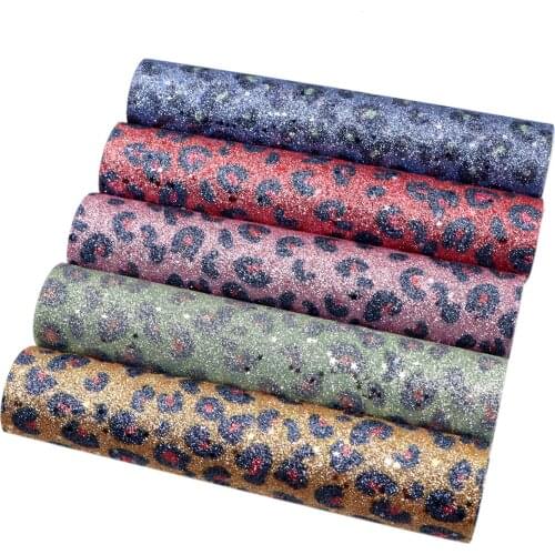 Shimmer Fine Glitter Faux Leather Sheets Leopard Gold Star Printed Synthetic Leather Fabric 20x33cm for DIY Earrings Hair Bows