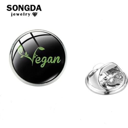 SONGDA Vegan Badge Lapel Pins Gift I Love Vegan Food Transparent Glass Dome Stainless Steel Pin Clothes Hat Backpack Accessories