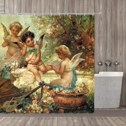 Medieval Watercolor Art Painting Angel Guitar Drip Shower Curtain Set