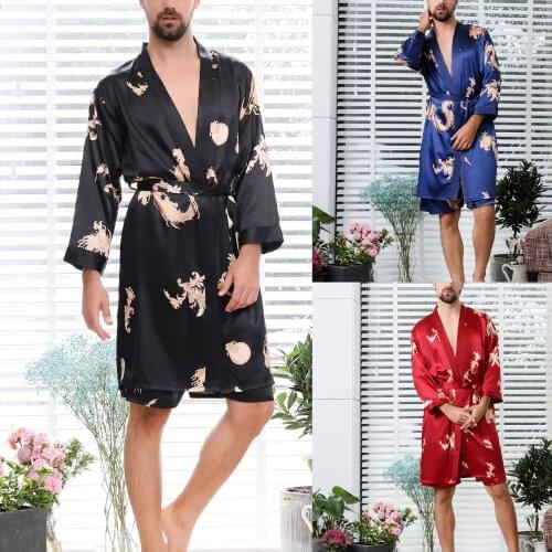 Thin Long Sleeve Cardigan Robe Emulation Silk Soft Home Bathrobe Nightgown For Men Kimono Imitation Silk Nightgown for Wedding
