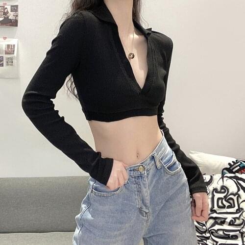 Women Sexy V Neck Knitted Short Tops Long Sleeve Solid Slim Fit T-Shirt 2021 Fashion Club Holiday Casual Crop Top Streetwear