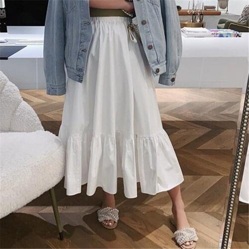 11 Solid Color Women New Fashion Long Skirts Female Casual Elastic Waist Ruffles Cotton A Line Skirts Plus Size 6XL 7XL