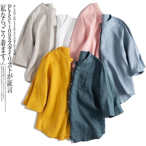 Art style commuting stand collar loose large 7 / 3 sleeve white shirt woman