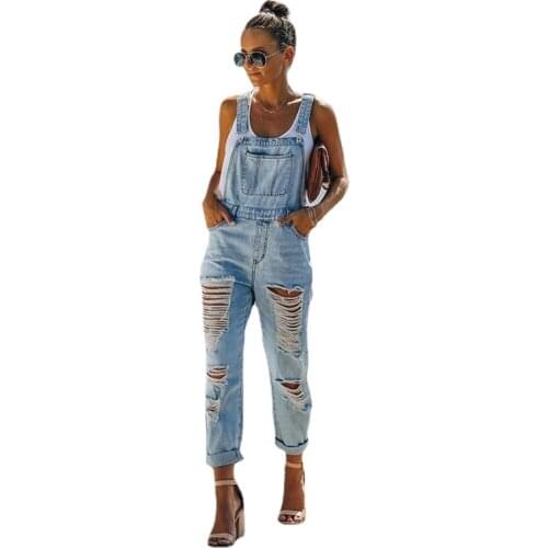 Womens Denim Jumpsuit Light Color Cotton Denim Ordinary Mid-Waist Blue Jeans Women Distressed Jeans