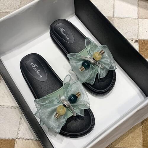2021 Summer Women Soft Slippers Sweet String Bead Ladies Flat Sandals Transparent Butterfly-Knot Female Indoor Sequin Slipper