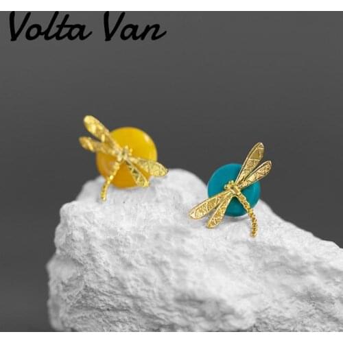 Volta Van Dragonfly Stud Earrings Women 925 Sterling Silver 2021 New Elegant Trendy Amber Turquoise Concise Silver Earrings
