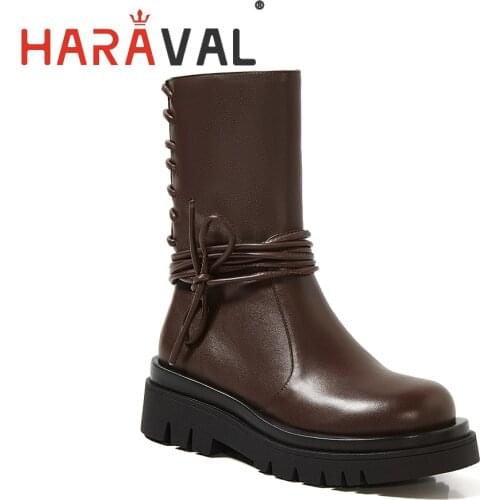 HARAVAL Winter Boots Shoes Women Snow Boot Keep warm womens Shoes Female Thick bottom Black White Brown Cow Leather Adult E31L