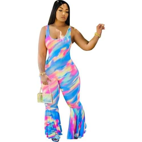 Casual Print Tie Dye Jumpsuit Streetwear Flare Pants Rompers Jumpsuit Women Summer 2020 Overalls Female