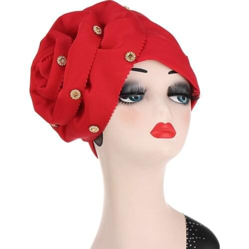 Big Flower Womens Turban Caps Diamonds Headscarf Muslim Wrap Head Hat Islam Headwear Clothing Turbante Mujer African Hat