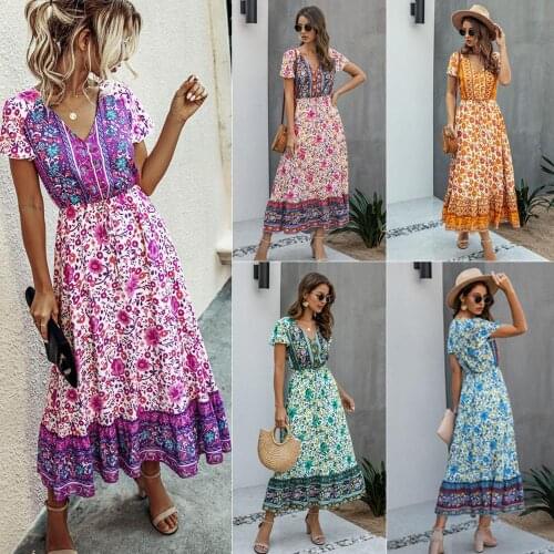 Dropship Midi Dress For Women Summer Bohemian Floral Ruffles Casual Short Sleeves Midi Dresses Bohemian Floral Summer Dress