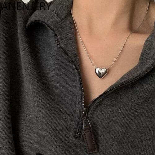 ANENJERY 925 Sterling Silver Three-Dimensional Heart Necklace for Women Simple Creative Light Luxury Jewelry