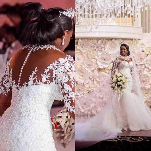 H1 Vintage Crystals Beading Long Sleeves Lace Mermaid Wedding Dresses 2021 Scoop Neck Boho Bride Gown Custom Made Robe De Mariee