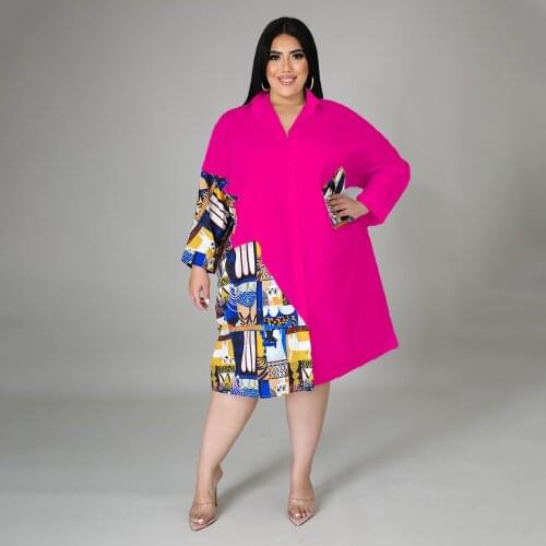 XL-5XL Plus Size Geometric Pattern Oversize Dress Women Turn Down Collar Long Sleeve Blouse Dress Office Lady Loose Shirt Dress