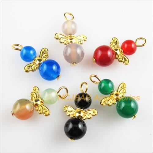 12 New Round Angel Charms Mixed Stone Gold Plated Wings Pendants 14x23mm