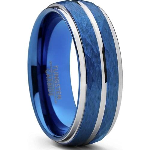 8MM Mens Fashion Groove Stainless Steel Ring Blue Meteorite Inlaid Engagement Band Wedding Jewelry Gift For Him Size 6-13