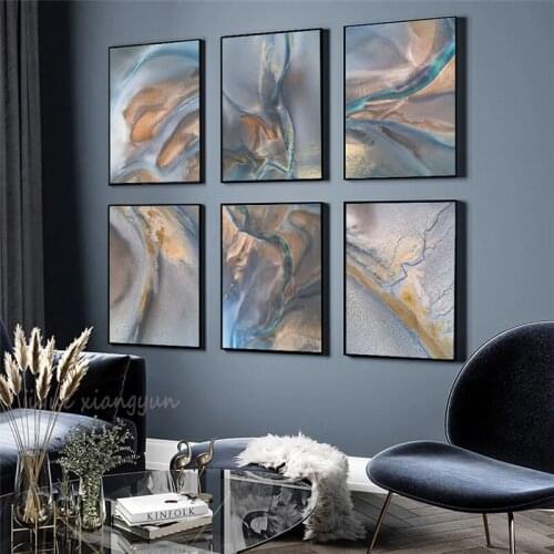 Abstract Poster Gold Blue River Clouds Wall Art Print Modern Style Ink Canvas Painting Nordic Decorative Posters Home Decor