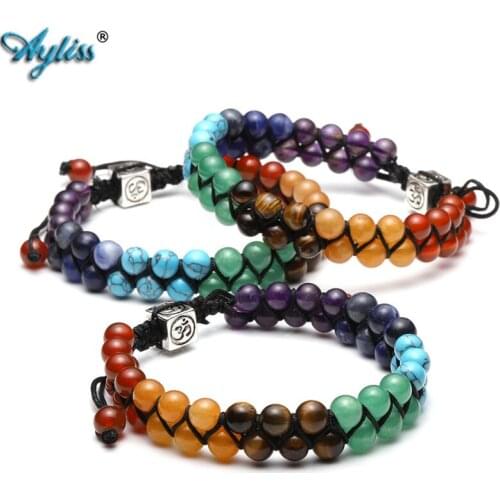 Ayliss 7 Chakra Gem stone Bracelets 2 Layers Gem Stone Bracelet with OM Symbol Healing Reiki 6mm Beads Adjustable Yoga Bracelet