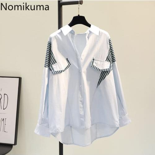 White Shirts Women Tops Cotton Faux Two piece Blusas Shirt stripe decoration Loose chemise femme Spring Autumn Summer Fashion