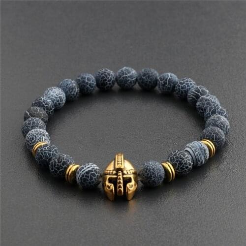 Spartan Warrior Helmet 8mm Natural Weathering Stone Beaded Bracelet Owl Lion Pendant Healing Balance Yoga Bracelets Chrimas Gift