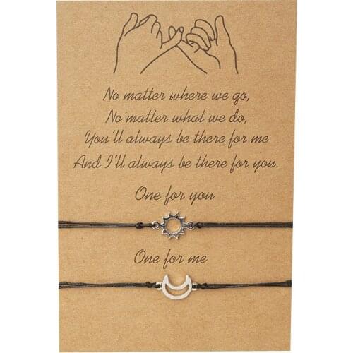 Handmade Braided Black Rope Bracelet Silver Color Bohemian Sun&Moon Charm Bracelets For Women Men Pinky Promise Card Bracelet