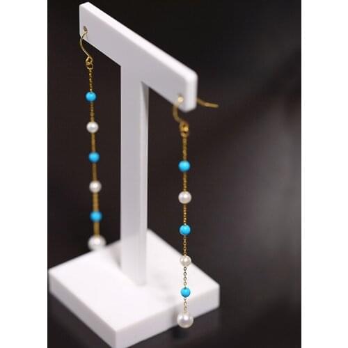 Pure 18k gold Drop earring Long chain tassel design with Natural small pearls and Turquoise Cute fine jewelry for women ladies