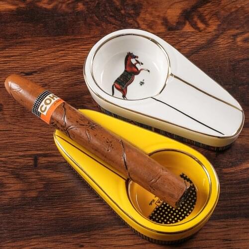 COHIBA Cigar Gadgets Ceramic Cigar Ashtray Single Cigar Holder Round Ash Slot 4 Colors Yellow Tobacco Cigarette Ashtray Gift Box