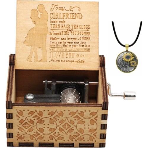 Hand Cranked Wood Engraved Music Box With Necklace - You are My Sunshine, Gift For Girlfriend From Boyfriend