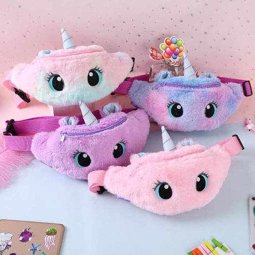 Cute Unicorn Childrens Fanny Pack Girls Waist Bag Plush Toys Belt Gradient Color Chest Bag Cartoon Coin Purse Travel Chest Bag