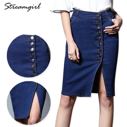 Midi Denim Skirt Plus Size Women Black Denim Skirts Womens Skirts Womens Pencil Skirt With Buttons High Waist Knee Length Split